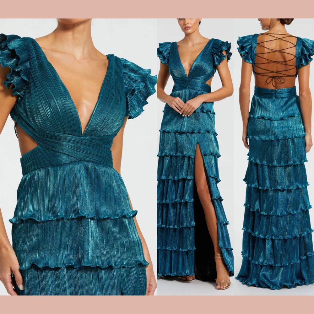 NWT IEENA Mac Duggal [ 6 ] 26740 Ruffle Tiered Criss‎ Cross Lace Up Gown blue